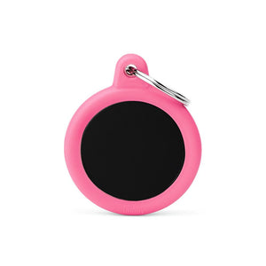 MyFamily Hushtag Circle Aluminum Rubber Pet ID Tag, Black/Pink, Medium