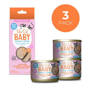 Tiki Cat Baby Mousse & Shreds Poulet, Saumon, Foie de Poulet Kitten Nourriture pour Chats en Conserve