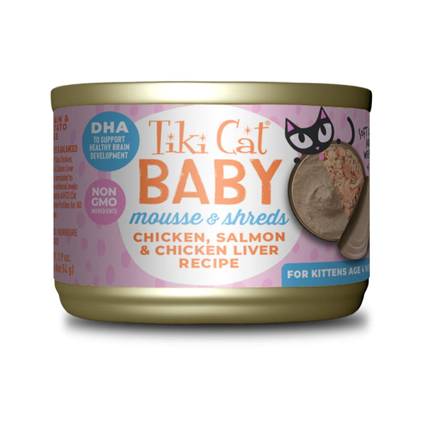 Tiki Cat Baby Mousse & Shreds Poulet, Saumon, Foie de Poulet Kitten Nourriture pour Chats en Conserve