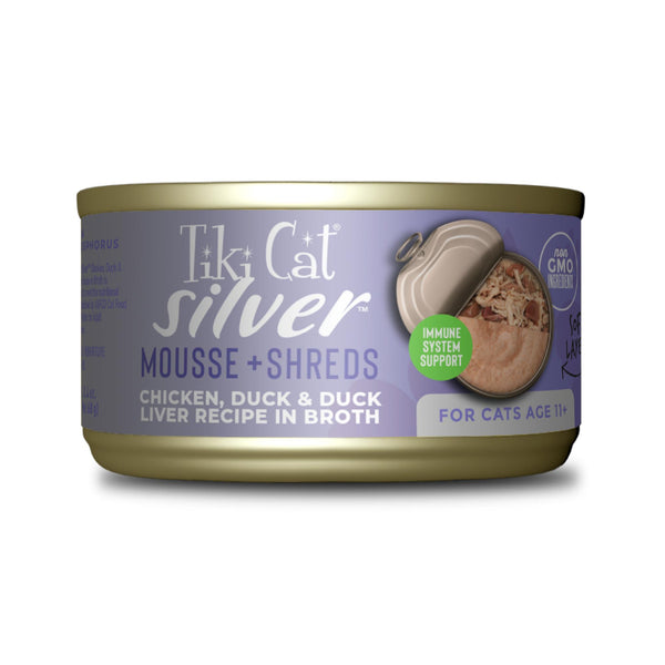 Tiki Cat Silver Senior Mousse & Shreds Poulet, canard et foie de canard Nourriture pour chat en conserve