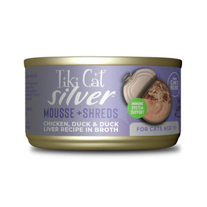 Tiki Cat Silver Senior Mousse & Shreds Poulet, canard et foie de canard Nourriture pour chat en conserve