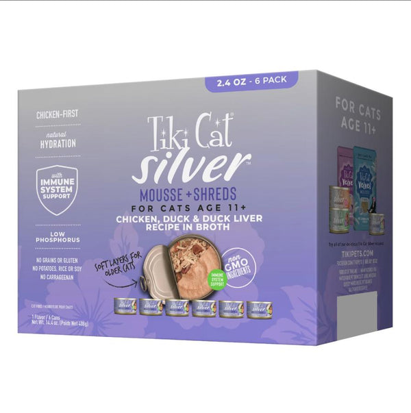Tiki Cat Silver Senior Mousse & Shreds Poulet, canard et foie de canard Nourriture pour chat en conserve