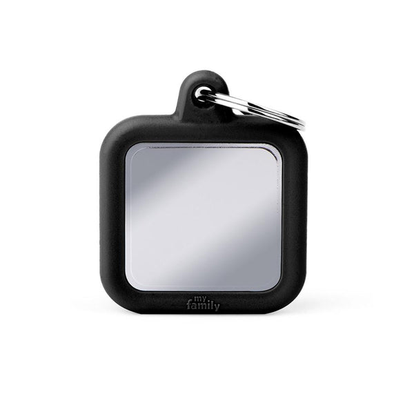 MyFamily Hushtag Square Chrome Plated Brass Rubber Pet ID Tag, Black, Medium