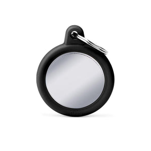 MyFamily Hushtag Circle Chrome Plated Brass Rubber Pet ID Tag, Black, Medium