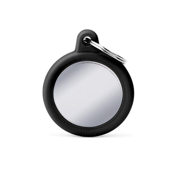 MyFamily Hushtag Circle Chrome Plated Brass Rubber Pet ID Tag, Black, Medium
