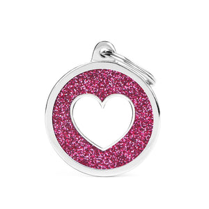 MyFamily Shine Glitter Circle Heart Pet ID Tag, Pink/White