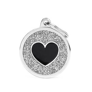 MyFamily Shine Glitter Circle Heart Pet ID Tag, Silver/Black
