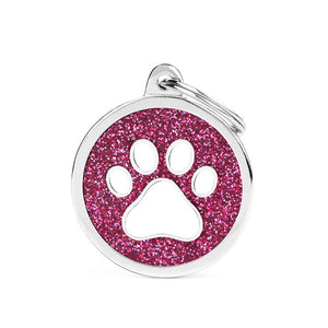 MyFamily Shine Glitter Circle Paw Pet ID Tag, Pink/White