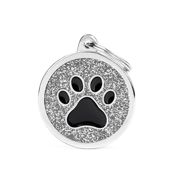 MyFamily Shine Glitter Circle Paw Pet ID Tag, Silver/Black