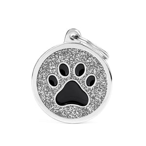 MyFamily Shine Glitter Circle Paw Pet ID Tag, Silver/Black