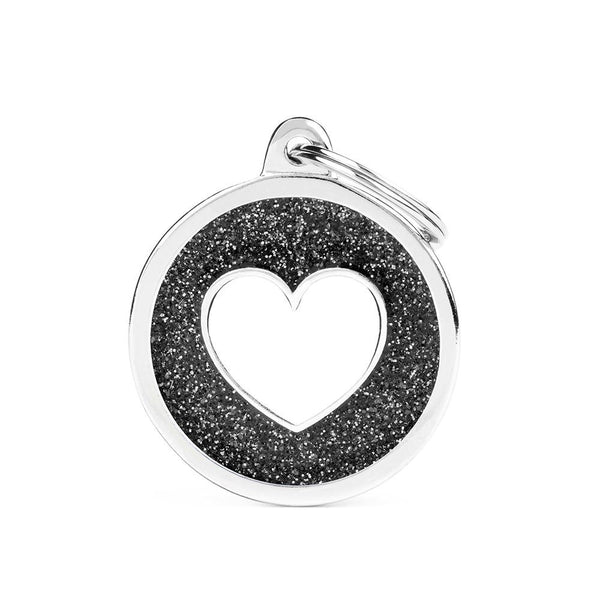 MyFamily Shine Glitter Circle Heart Pet ID Tag, Black/White