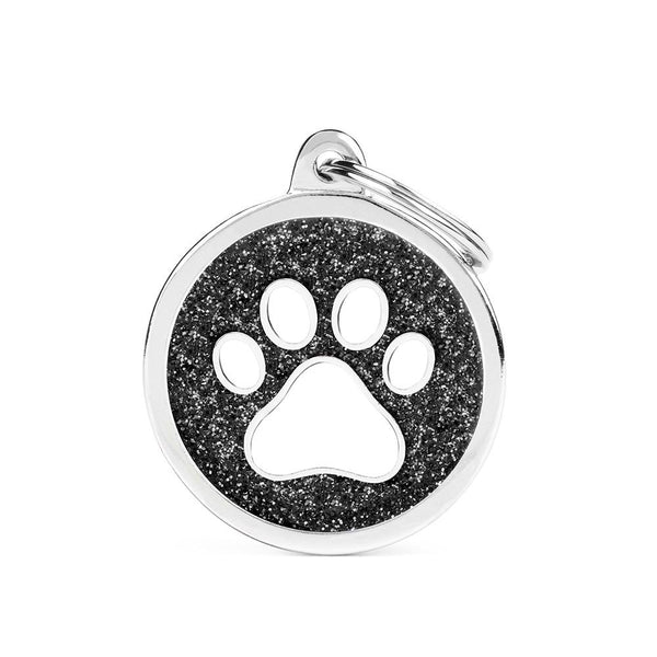MyFamily Shine Glitter Circle Paw Pet ID Tag, Black/White