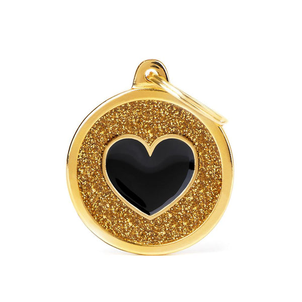 MyFamily Shine Glitter Circle Heart Pet ID Tag, Gold/Black
