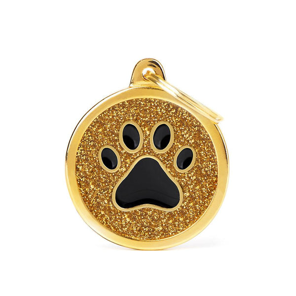 MyFamily Shine Glitter Circle Paw Pet ID Tag, Gold/Black