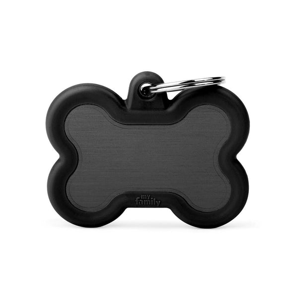 MyFamily Hushtag Bone Aluminum Rubber Pet ID Tag, Black/Black