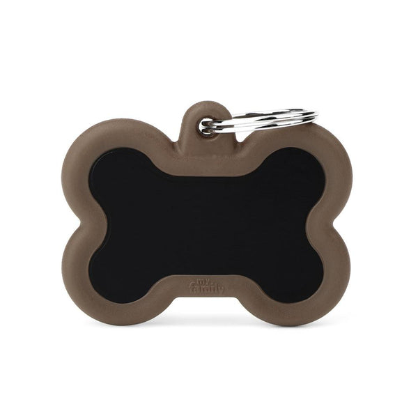 MyFamily Hushtag Bone Aluminum Rubber Pet ID Tag, Black/Brown