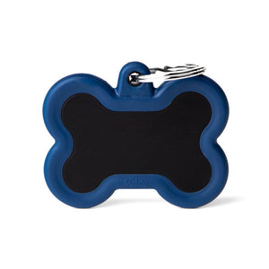 MyFamily Hushtag Bone Aluminum Rubber Pet ID Tag, Black/Dark Blue