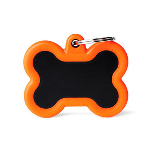 MyFamily Hushtag Bone Aluminum Rubber Pet ID Tag, Black/Orange