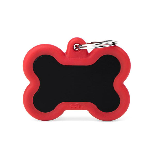MyFamily Hushtag Bone Aluminum Rubber Pet ID Tag, Black/Red