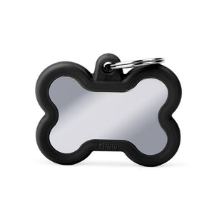 MyFamily Hushtag Bone Chrome Plated Brass Rubber Pet ID Tag, Black