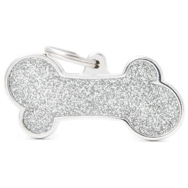 MyFamily Bone Glitter Pet ID Tag, Silver