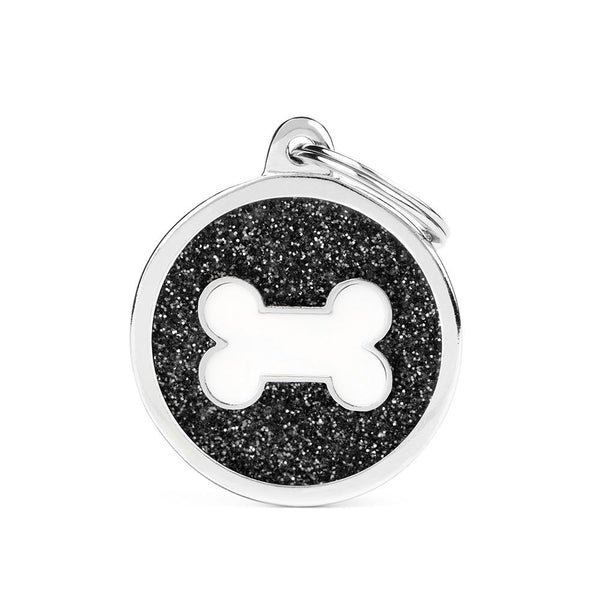 MyFamily Shine Glitter Circle Bone Pet ID Tag, Black/White