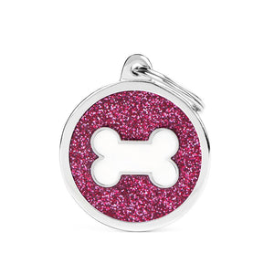 MyFamily Shine Glitter Circle Bone Pet ID Tag, Pink/White