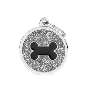 MyFamily Shine Glitter Circle Bone Pet ID Tag, Silver/Black