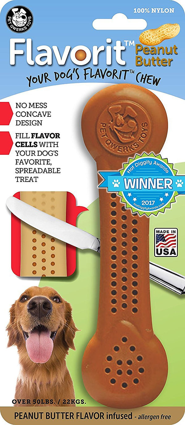 Pet Qwerks Flavorit Jouet Os en Nylon Infusé Saveur Beurre de Cacahuète pour chiens