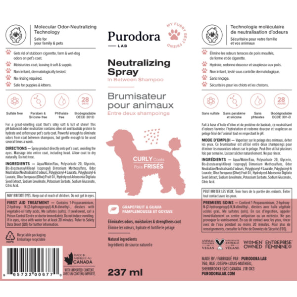 Purodora Lab Brumisateur Neutralisant D’Odeurs Pour Animaux À Poils Frisés