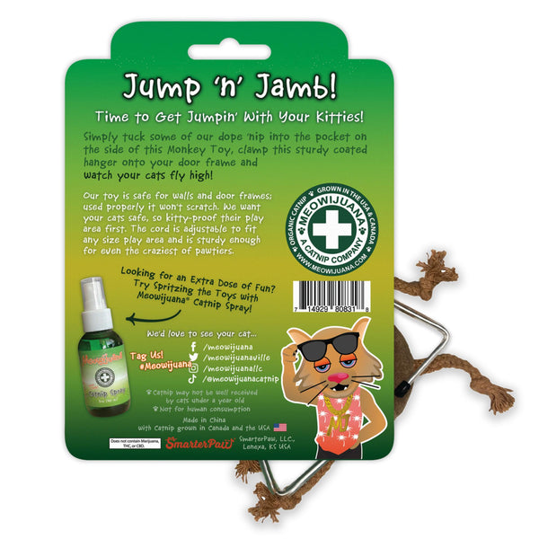 Meowijuana Jouet pour chat à l'herbe à chat rechargeable suspendu Jump 'n' Jamb Get The Monkey Off Your Back