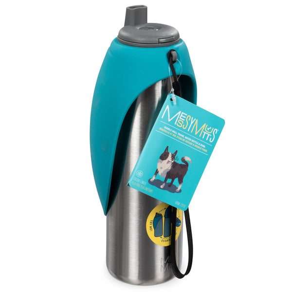 Messy Mutts Insulated Stainless Travel Water Bottle with Silicone Flip Up Bowl for Dogs, Blue