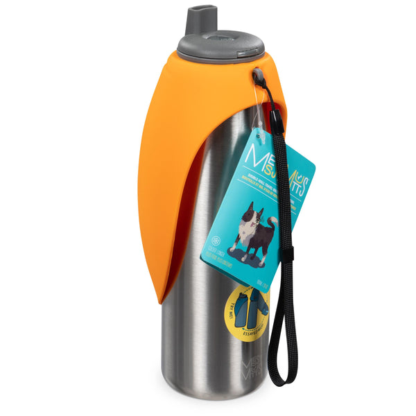 Messy Mutts Bouteille d'eau de voyage en acier inoxydable à double paroi avec bol rabattable en silicone pour chiens Orange
