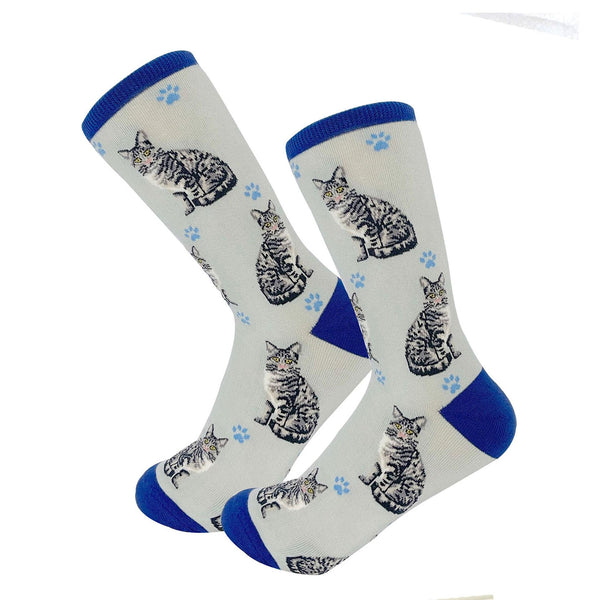 Happy Tails Socks by E&S Pets Unisex Novelty Crew Socks, Silver Tabby Cat, 14-in