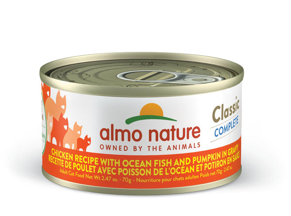 Almo Nature Classic Complete Chicken Recipe with Ocean Fish & Pumpkin in Gravy Wet Cat Food Can