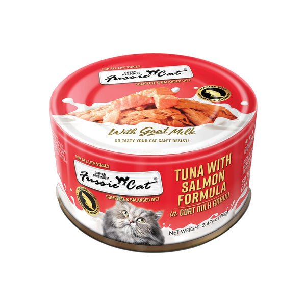 Fussie Cat Thon avec saumon en sauce au lait de chèvre nourriture humide pour chats en boîte
