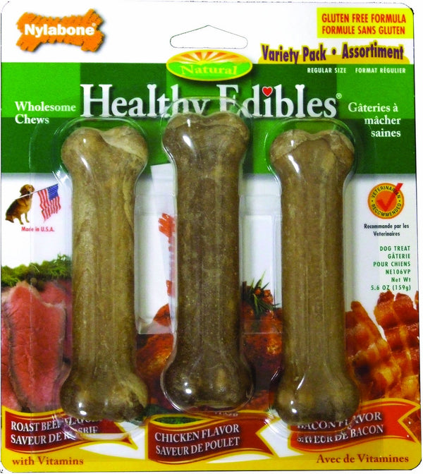 Nylabone Healthy Edibles Longer Lasting Triple Pack Assorted Flavors Dog Bone Treats