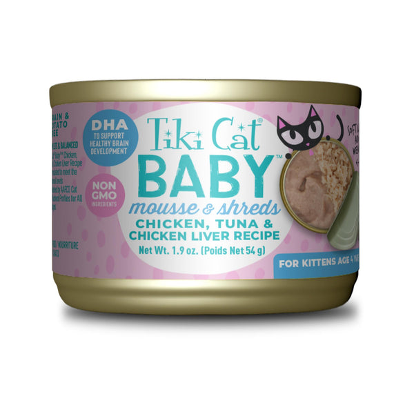 Tiki Cat Baby Mousse & Shreds Chicken, Tuna, & Chicken Liver Kitten Wet Cat Food Can