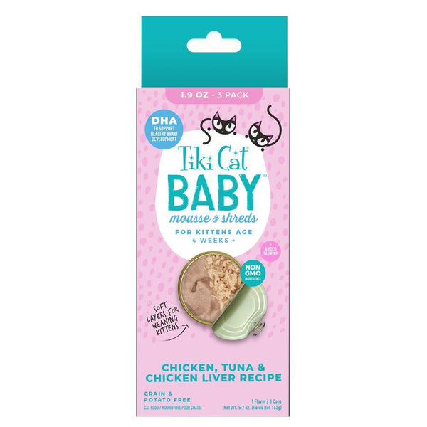 Tiki Cat Baby Mousse & Shreds Chicken, Tuna, & Chicken Liver Kitten Wet Cat Food Can