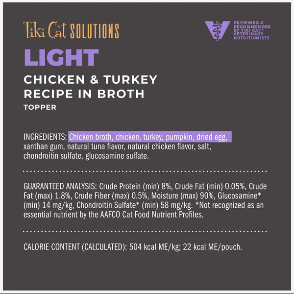 Tiki Cat Solutions Light Topper Chicken & Turkey in Broth Wet Cat Food Topper Pouch