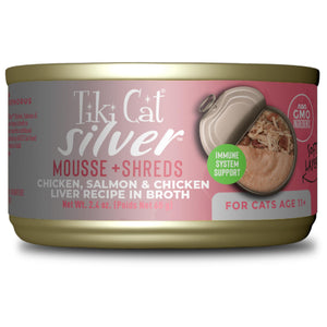 Tiki Cat Silver Mousse & Shreds Chicken, Salmon & Chicken Liver Senior Wet Cat Food Can