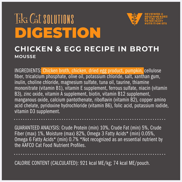 Tiki Cat Solutions Digestion Mousse Chicken & Egg in Broth Wet Cat Food Pouch