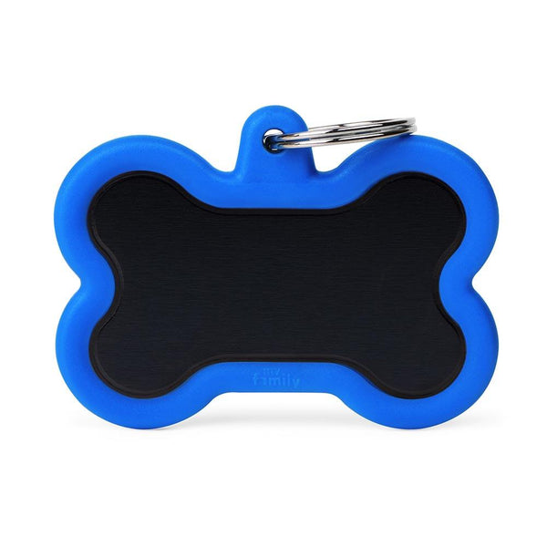 MyFamily Hushtag Bone Médaille d'identification pour animaux en aluminium et caoutchouc, Noir/Bleu