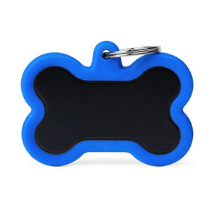 MyFamily Hushtag Bone Aluminum Rubber Pet ID Tag, Black/Blue