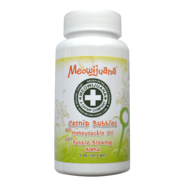 Meowijuana Bulle de jeu pour chat avec bouteille de bulles Herbe à chat & Chèvrefeuille, baguette à bulles
