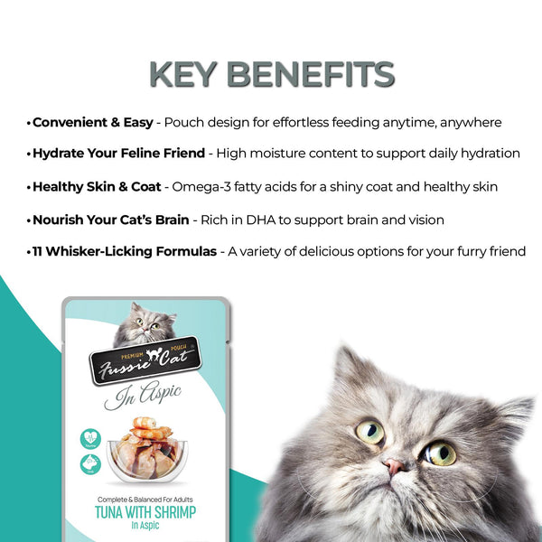 Fussie Cat Premium Thon avec crevettes en aspic Nourriture humide pour chat en sachet