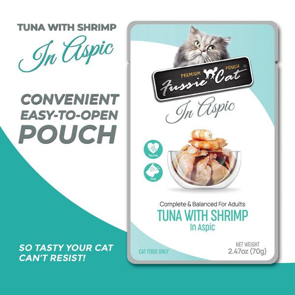 Fussie Cat Premium Thon avec crevettes en aspic Nourriture humide pour chat en sachet