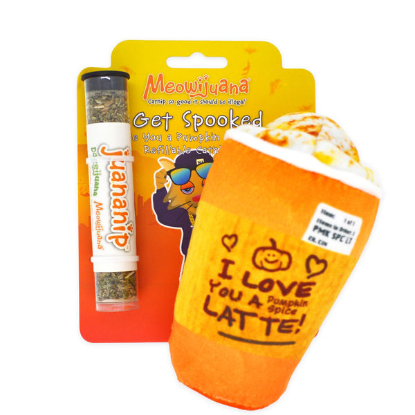 Meowijuana Jouet Chat Rechargeable à l’Herbe à Chat Latte Pumpkin Spice Get Spooked