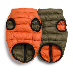 fabdog Pack N' Go Reversible Puffer Dog Coat, Olive/Orange