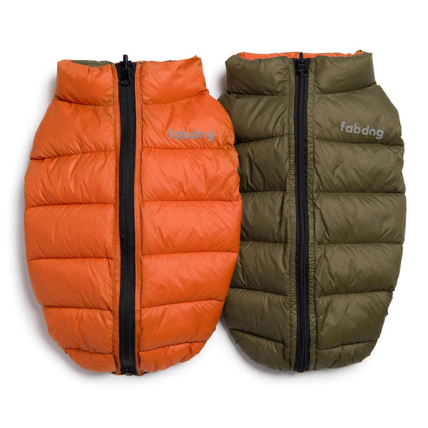 fabdog Pack N' Go Reversible Puffer Dog Coat, Olive/Orange